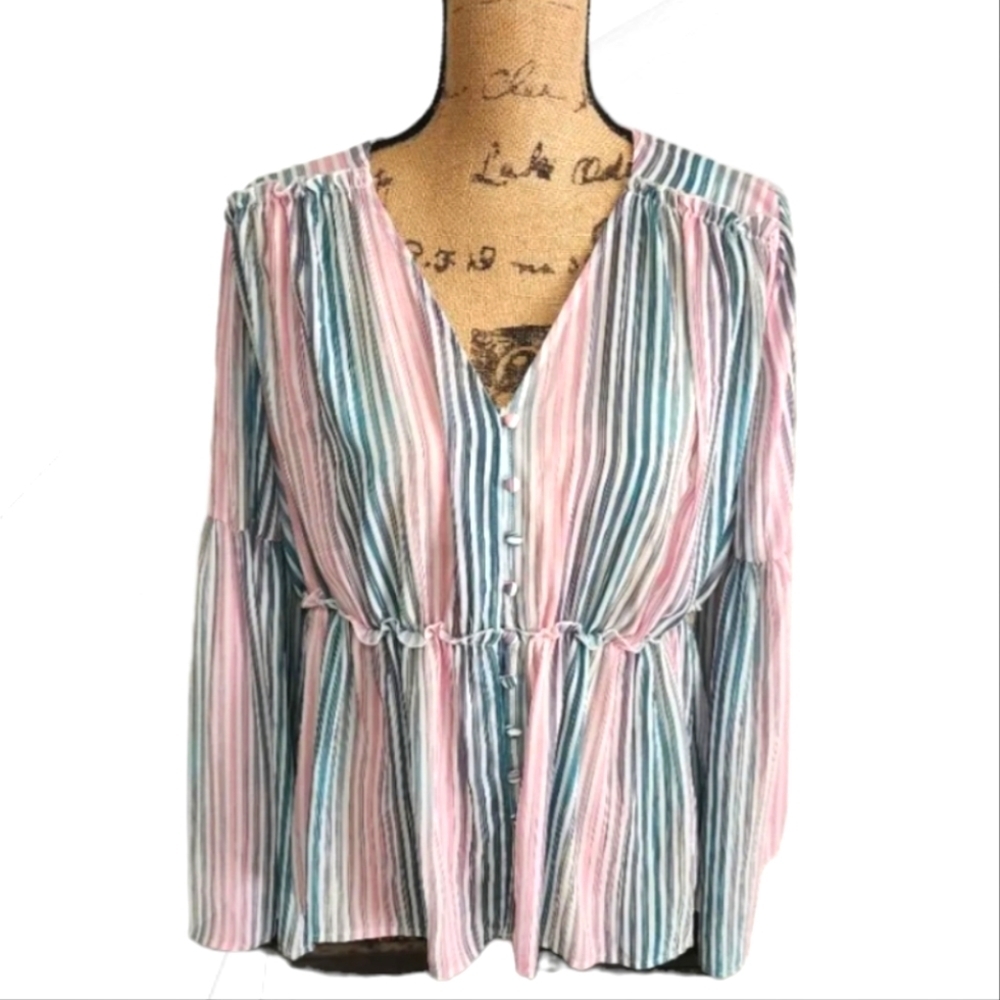 NWT Catherine Malandrino Stripes Bell Sleeve Top Sz XL
